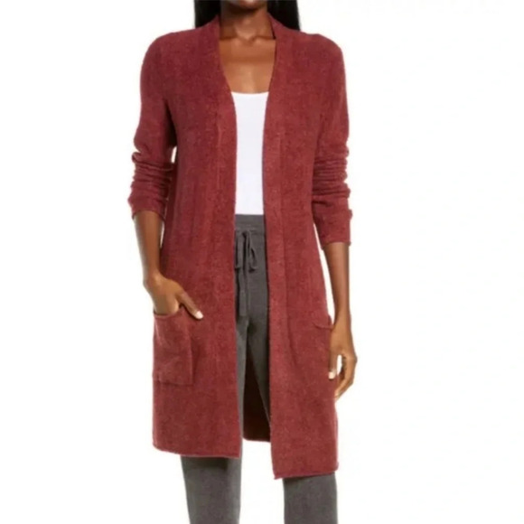 Barefoot Dreams Cozy Chic Lite Rust Knit Long Cardigan Pockets Size Small - Picture 9 of 9